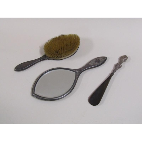 1400 - SILVER BACKED HANDBRUSH AND MIRROR TOGETHER WITH A SHOEHORN