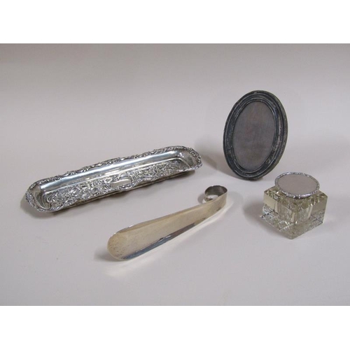 1402 - COLLECTION OF SMALL ITEMS OF SILVER INC. DRESSING TABLE TRAY, INKWELL, MIRROR, SHOEHORN