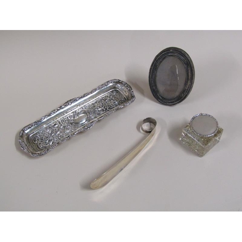 1402 - COLLECTION OF SMALL ITEMS OF SILVER INC. DRESSING TABLE TRAY, INKWELL, MIRROR, SHOEHORN