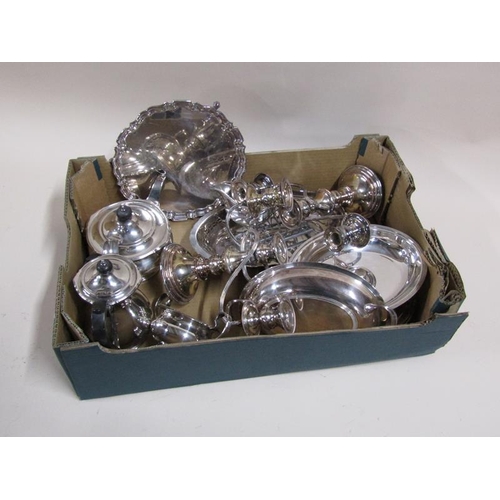 1537 - BOX OF MIXED SILVER PLATE INC. PAIR OF TWO BRANCH CANDELABRA, ONE SALVER, TEAPOT AND WATER JUG