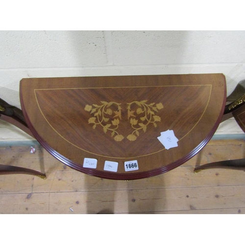 1666 - THREE FRENCH STYLE MARQUETRY DEMI LUNE SIDE TABLES, FITTED DRAWERS, EACH 60CM W, 80CM H