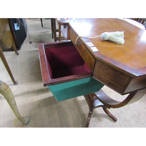 1692 - 19C MAHOGANY NEEDLEWORK TABLE ON PEDESTAL, 61CM W, 74CM H