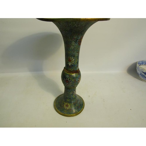 1148 - PAIR OF ENAMEL VASES, CHAMPLEVE ENAMEL CHAMBERSTICK AND ONE OTHER VASE, LARGEST 31cms H