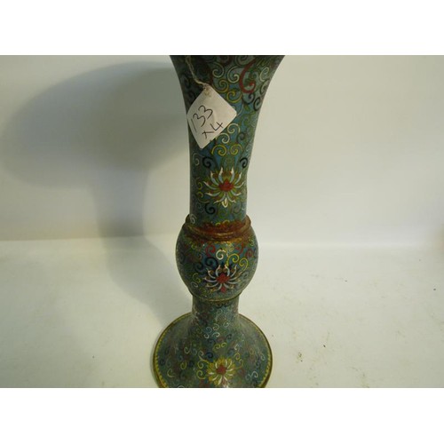 1148 - PAIR OF ENAMEL VASES, CHAMPLEVE ENAMEL CHAMBERSTICK AND ONE OTHER VASE, LARGEST 31cms H