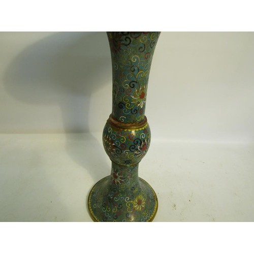 1148 - PAIR OF ENAMEL VASES, CHAMPLEVE ENAMEL CHAMBERSTICK AND ONE OTHER VASE, LARGEST 31cms H