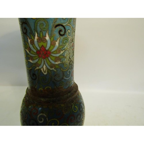 1148 - PAIR OF ENAMEL VASES, CHAMPLEVE ENAMEL CHAMBERSTICK AND ONE OTHER VASE, LARGEST 31cms H