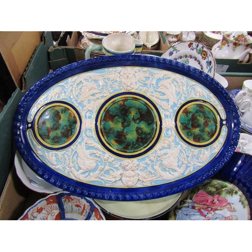 224 - BOX OF MIXED CERAMICS - VICTORIAN MAJOLICA TEASET, STAND ETC