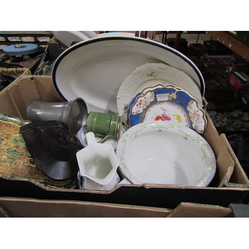 271 - BOX OF MIXED CERAMICS, LARGE PEWTER TANKARD ETC