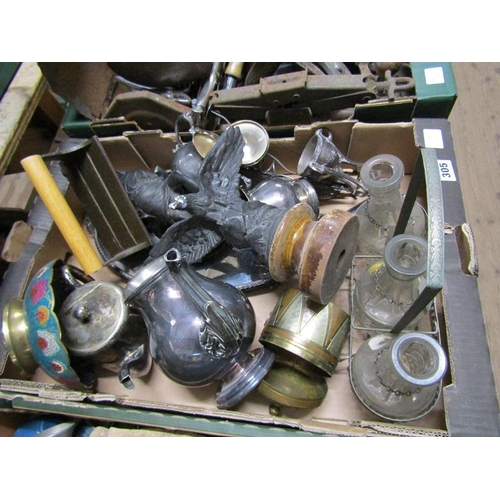 305 - BOX OF MISC TO INCL CAST FIGURES, DECANTERS, SILVER PLATE ETC