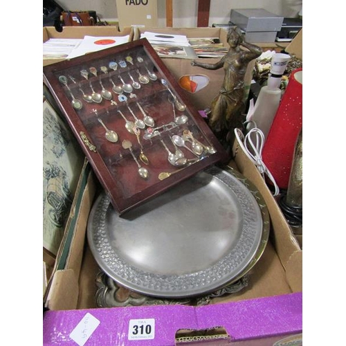 310 - PEWTER TRAYS, SOUVENIR SPOONS, SPELTER FIGURE ETC