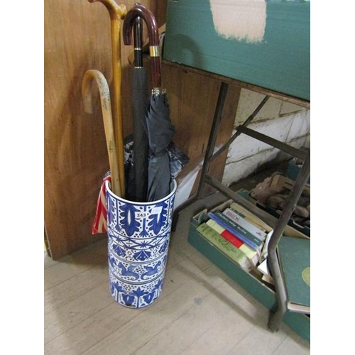 343 - CERAMIC STICK STAND WITH STICKS AND BROLLIES