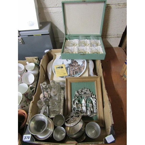 370 - SILVER PLATE AND CRYSTAL CRUET SET, PEWTER ETC