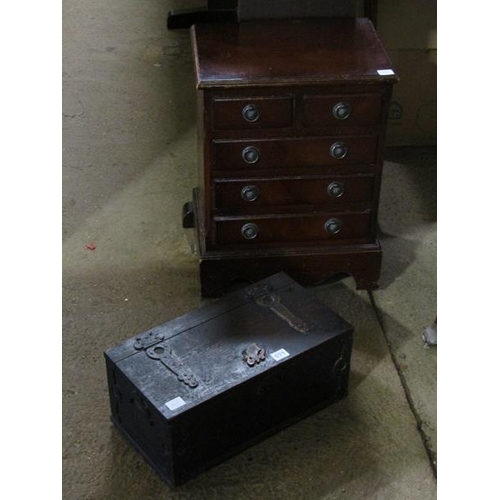 671 - MINIATURE CHEST OF DRAWERS; VICTORIAN PINE WORK BOX