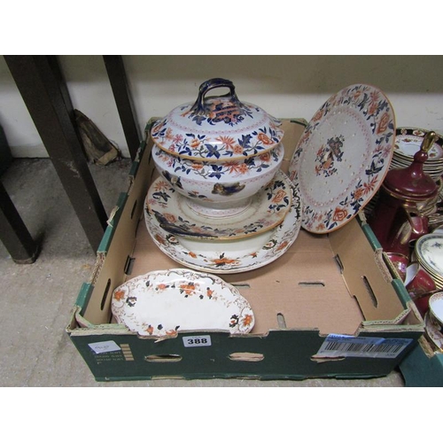 388 - BOX OF VICTORIAN TABLEWARES TO INCL TUREEN AND COVER