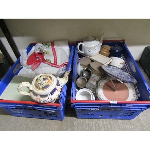 390 - TWO BOXES OF MIXED CERAMICS, LINEN, EMBROIDERY ETC