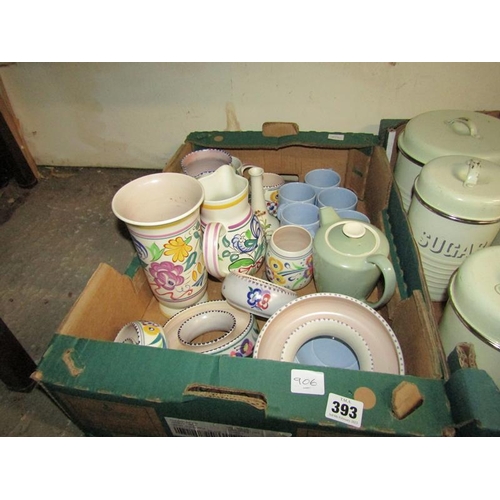 393 - BOX OF POOLE POTTERY TEAWARES, VASES, JUGS ETC