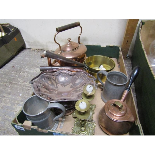 404 - BOX OF MIXED METALWARE - COPPER, BRASS, SILVER PLATE ETC