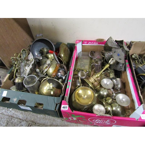 407 - TWO BOXES OF MIXED METALWARE - SILVER PLATE, BRASS ETC