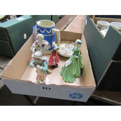 417 - BOX OF MIXED CERAMICS TO INCL CONTINENTAL PORCELAIN FIGURINES