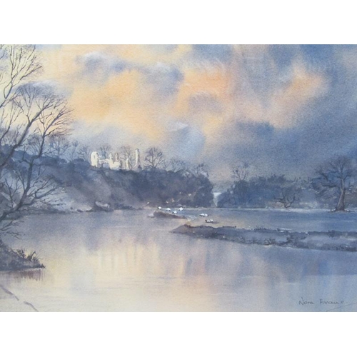 1105 - NORA EVANS - SUNSET OVER THE RIVER, SIGNED WATERCOLOUR, F/G, 25CM X 35CM