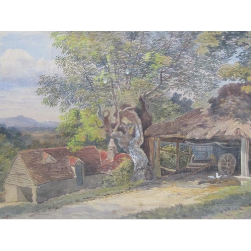 1107 - VICTORIAN ENGLISH COUNTRYSIDE SUBJECT - 19C THATCHED CART SHED, WATERCOLOUR, F/G, 30CM X 47CM