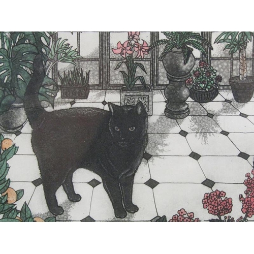 1114 - TWO FRAMED COLOURED PRINTS - POPPIES & CHINOISERIE CAT, LIMITED EDITION SIGNED, EACH 11CM X 13CM