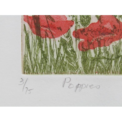 1114 - TWO FRAMED COLOURED PRINTS - POPPIES & CHINOISERIE CAT, LIMITED EDITION SIGNED, EACH 11CM X 13CM