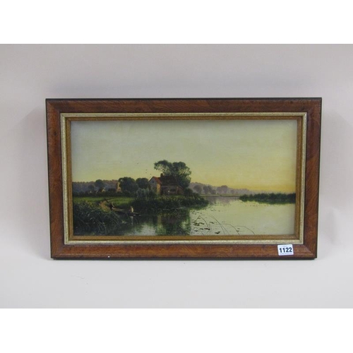 1122 - E BODDINGTON - TWO FIGURES IN A BOAT ON TEH BANKS OF A RIVER, OIL ON CANVAS, FRAMED, 25CM X 47CM