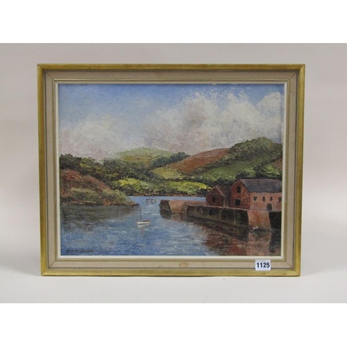 1125 - EILEEN BALCOME - NORTHERN RIVERSCAPE WITH BUILDINGS, SIGNED OIL ON BOARD, FRAMED, 35CM X 45CM