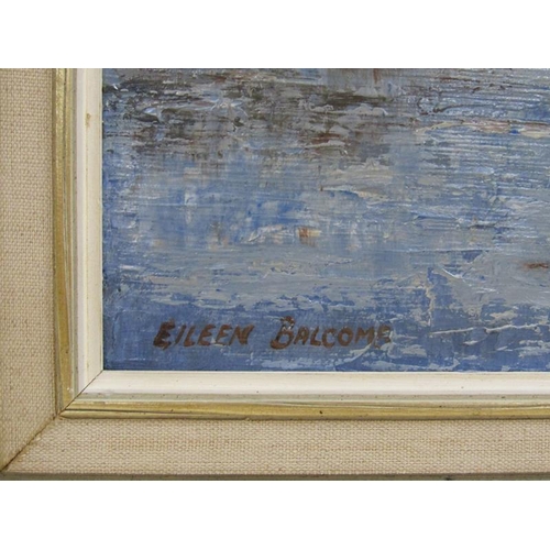 1125 - EILEEN BALCOME - NORTHERN RIVERSCAPE WITH BUILDINGS, SIGNED OIL ON BOARD, FRAMED, 35CM X 45CM