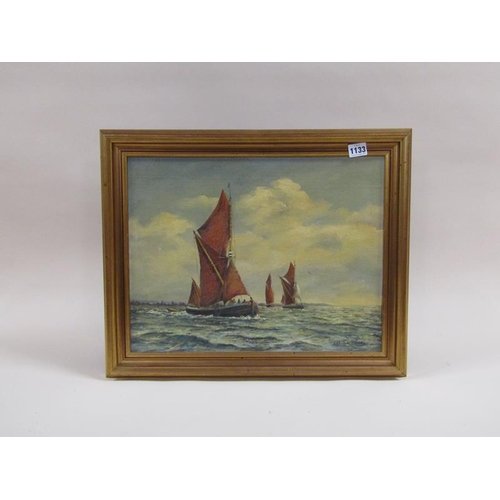 1133 - PAT BALLARD - INSHORE FISHING BOATS, SIGNED OIL ON BOARD, FRAMED, 34CM X 45CM