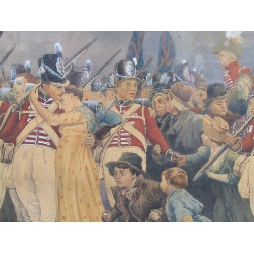 1134 - HAD 1881 - THE SOLDIERS HOME COMING, COLOURED PRINT, F/G, 29CM X 48CM