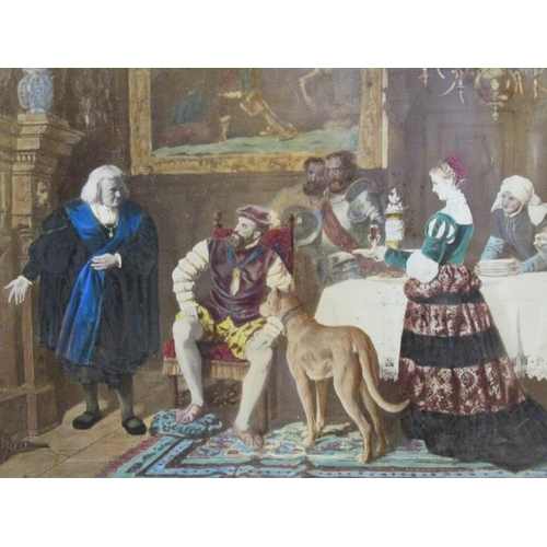 1139 - TWO F/G OLEOGRAPHS - MEDIEVAL BANQUET & LADY AND GENTLEMAN, 26CM X 36CM