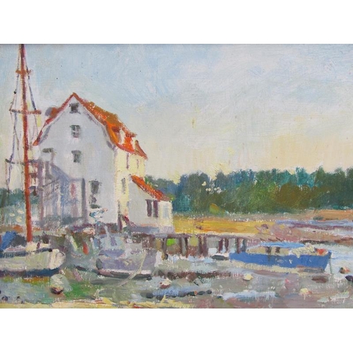 1142 - FAITH SHEPHERD - THE MOORINGS AT LOW TIDE, SIGNED OIL ON BOARD, FRAMED, 28CM X 42CM