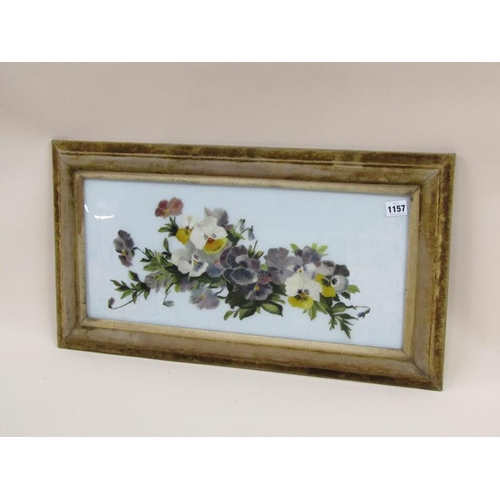 1157 - PANSIES - PAINTING ON GLASS, FRAMED, 24CM X 55CM