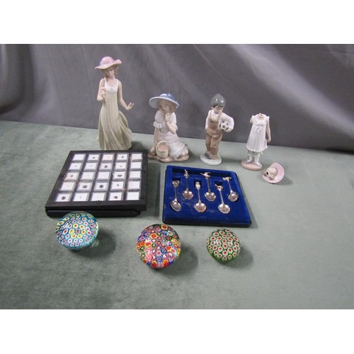 411 - GLASS PAPERWEIGHTS; NAO FIGURINES ETC