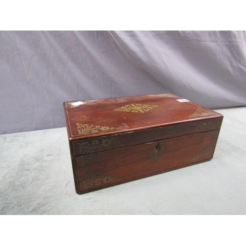 1282 - 19C ROSEWOOD BRASS INLAID WRITING BOX, 35CM W