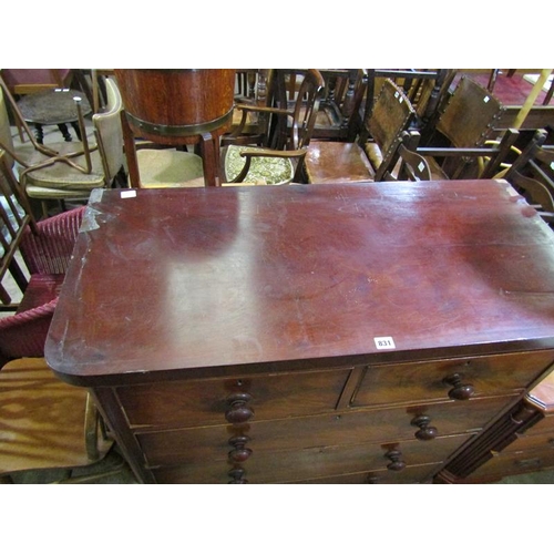 831 - VICTORIAN MAHOGANY CHEST OF TWO SHORT AND THREE LONG DRAWERS