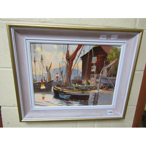 1123 - GORDON HALES 1982 - MOORED SAILING VESSELS AT THE QUAYSIDE, SIGNED, OIL ON BOARD, FRAMED, 34CM X 44C... 