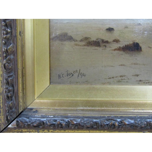 1202 - H E TOZER 94 - SUNRISE, SIGNED, OIL ON BOARD, FRAMED, 19CM X 37CM