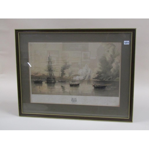 1211 - FRAMED COLOURED MID 19C PRINT - THE DESTRUCTION OF BOMAR SUND, F/G, 40CM X 58CM