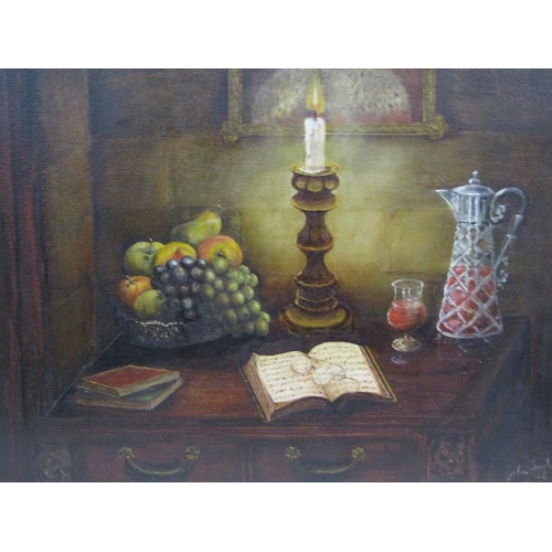 1218 - JOHN TAYLOR - STILL LIFE, THE BOOK ON TABLE WITH CANDLESTICK, SIGNED OIL ON CANVAS, FRAMED, 55CM X 7... 