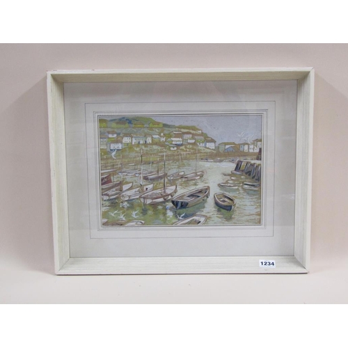 1234 - SIGNED INDISTINCTLY - BEACK- - MEVAGISSEY HARBOUR, SIGNED AND TITLED WATERCOLOUR, F/G, 21CM X 31CM