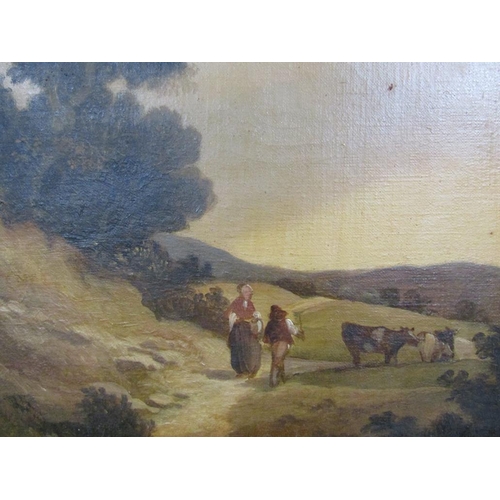 1235 - ANDRE DE MOLLER - LATE 18C LANDSCAPE WITH CATTLE AND FIGURES ON A PATHWAY, SIGNED , OIL ON CANVAS, F... 