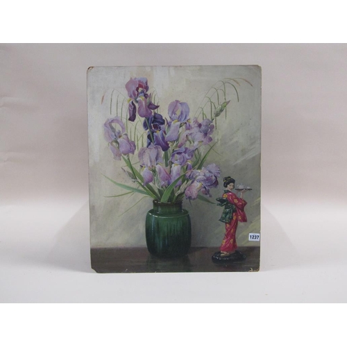 1237 - WOOLLEY - VASE OF FLOWERS AND CHINESE LADY, WATERCOLOUR ON BOARD, UNFRAMED, 59CM X 49CM