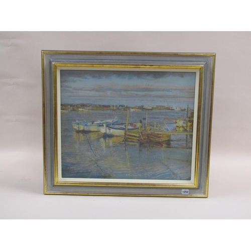 1252 - MONO MH? - MOORED BOATS IN A RIVER ESTUARY, SIGNED PASTEL, F/G, 49CM X 59CM