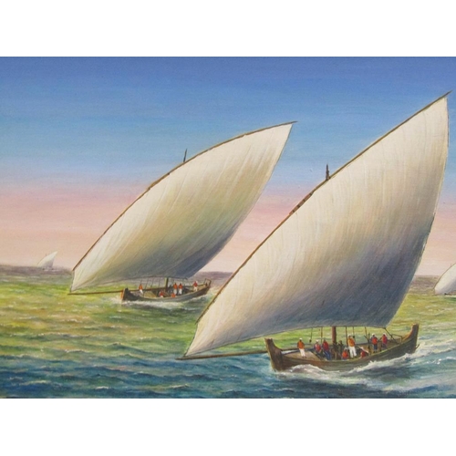 1253 - PATRICK FITZGERALD-MOORE - TWO ARABIC FELUCCAS RACING BOATS, OIL ON CANVAS; TWO OTHER BOATING SUBJEC... 