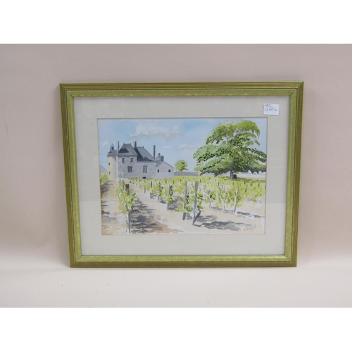 1260A - SL KNIGHT - FRENCH CHATEAU AND VINEYARD, SIGNED WATERCOLOUR, F/G, 25CM X 35CM