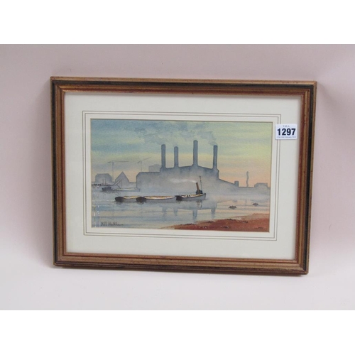 1297 - BILL HOLKHAM - BATTERSEA POWER STATION, SIGNED WATERCOLOUR, F/G, 16CM X 26CM