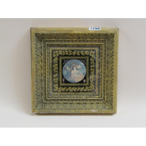 1298 - VICTORIAN CIRCULAR FRAMED MINIATURE COLOURED PRINT IN ORNATE FRAME, PICTURE 14CM SQ.